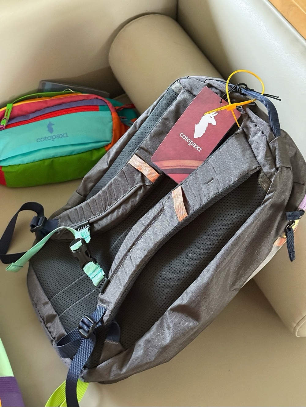cotopaxi gray backpack with purple, yellow, mint and orange trim - Picture 4 of 6